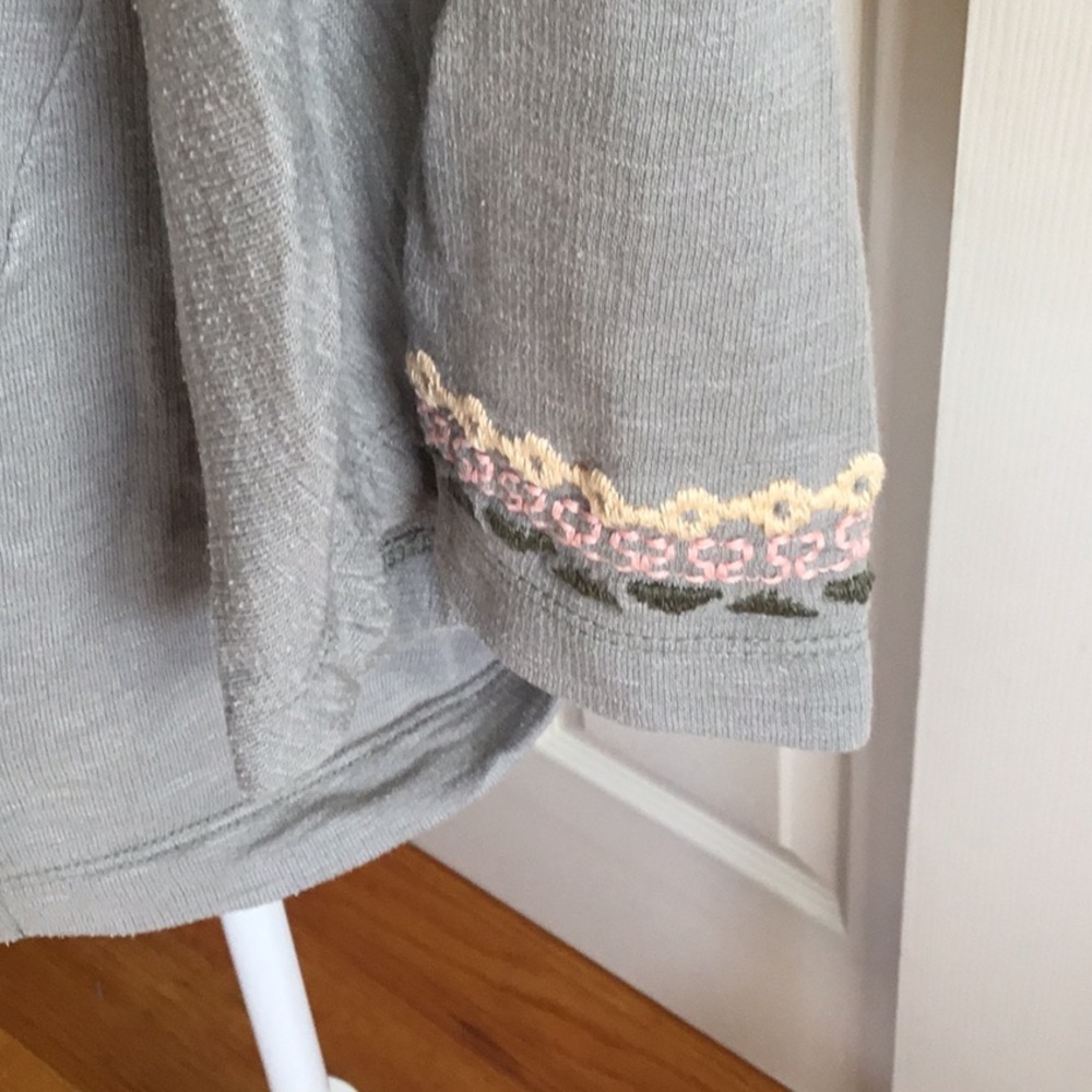 Green Embroidered Geometric Boho Slub Knit L Top 3/4 Sleeve Crew Neck Pullover - Picture 3 of 6